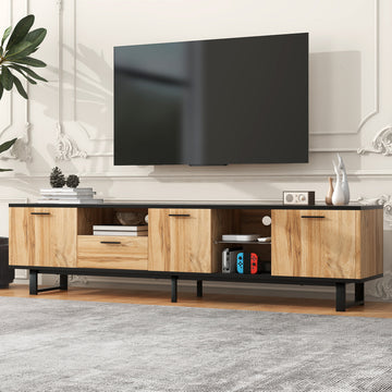 Modern Tv Stand With 4 Cabinets& Open Shelves, Color Matching Media Console Table For Tvs Up To 80'', Entertainment Center With Drop Down Door For Living Room, Bedroom, Home Theatre Wood Brown Primary Living Space 70 79 Inches 70 79 Inches Modern 65
