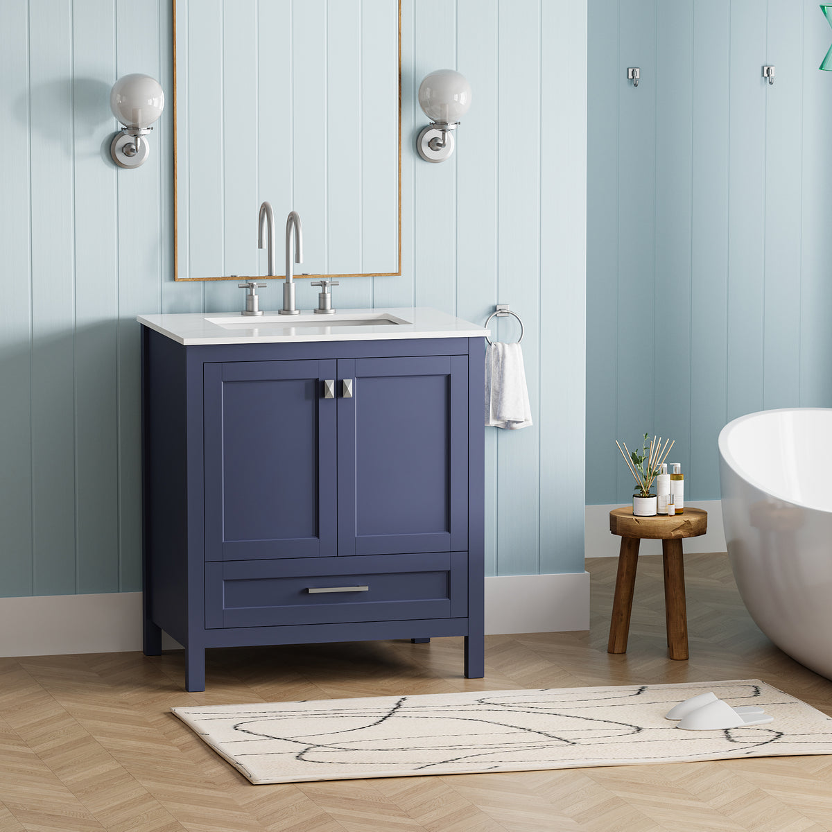 30 Inch Freestanding Bathroom Vanity With Sink, Carrara Engineered Marble Vanity Top With Undermounted Rectangular Ceramic Sink, Large Storage Soft Close Door, Navy Blue 24V03 30Nb Navy Blue Wood
