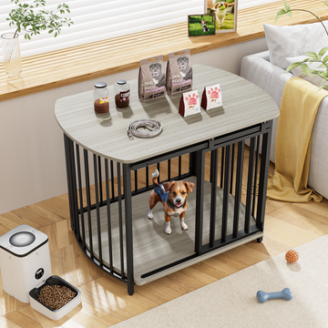 31.5" Furniture Style Dog Crate For Small And Medium Dogs, Wooden Cage Indoor Kennel Furniture, Modern Dog Crate End Table With Double Doors, Gray Gray Pet Barrier Medium 26 40 Lbs Iron,Mdf