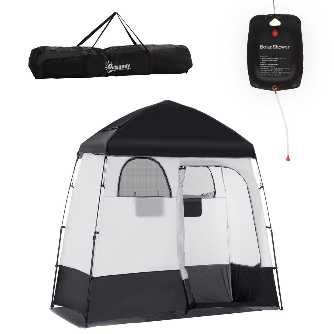 Outsunny Shower Tent, Pop Up Privacy Shelter For Camping, Dressing Changing Room, Portable Instant Outdoor Shower Tent Enclosure W 2 Rooms, Shower Bag, Floor And Carrying Bag, Black Black Taffeta