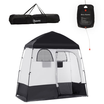 Outsunny Shower Tent, Pop Up Privacy Shelter For Camping, Dressing Changing Room, Portable Instant Outdoor Shower Tent Enclosure W 2 Rooms, Shower Bag, Floor And Carrying Bag, Black Black Taffeta