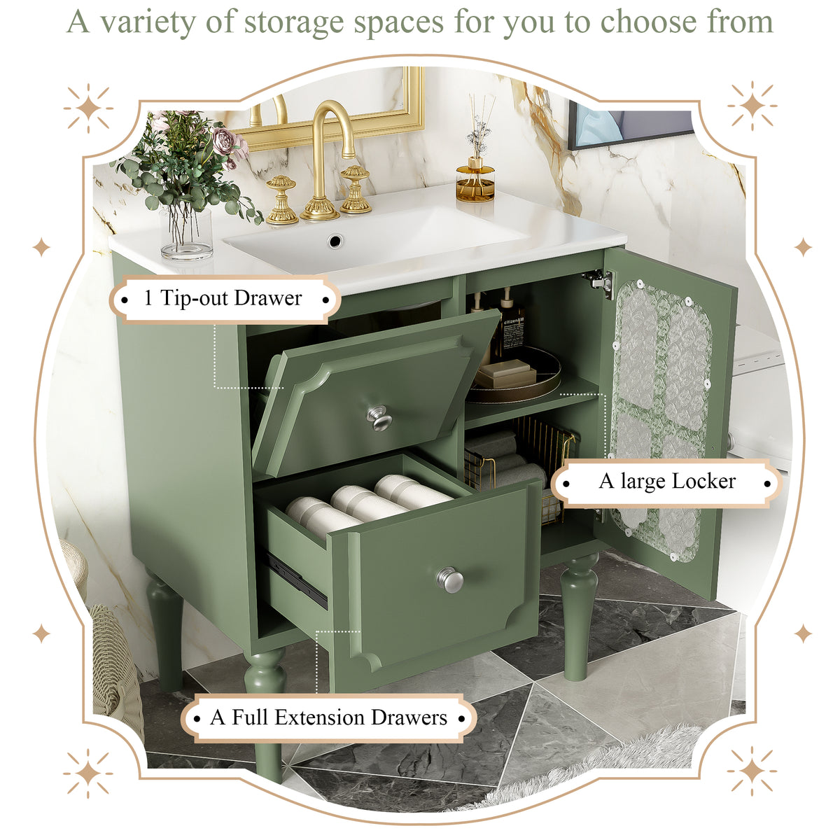 Retro Style 30'' Bathroom Vanity With Resin Sink Combo, Freestanding Single Vanity With 2 Drawers, Solid Wood Frame Bathroom Storage Cabinet, Green Green Bathroom Retro Solid Wood Mdf Resin