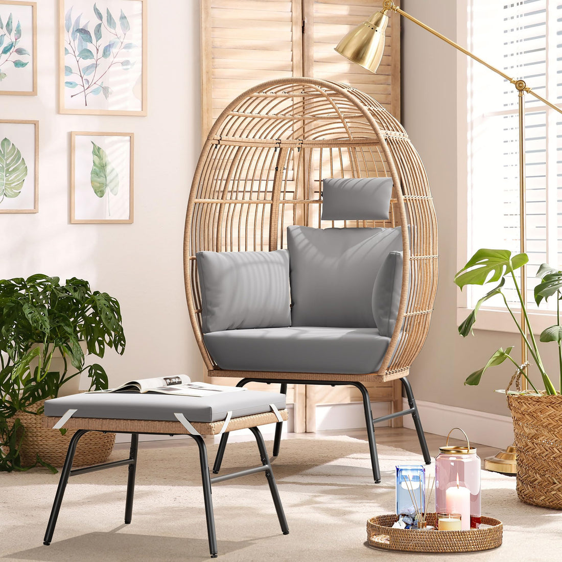 Outdoor Garden Wicker Egg Chair And Footstool Patio Chaise, With Cushions, Outdoor Indoor Basket Chair Yes Blue Neutral Seats 2 Garden & Outdoor European,Modern Steel