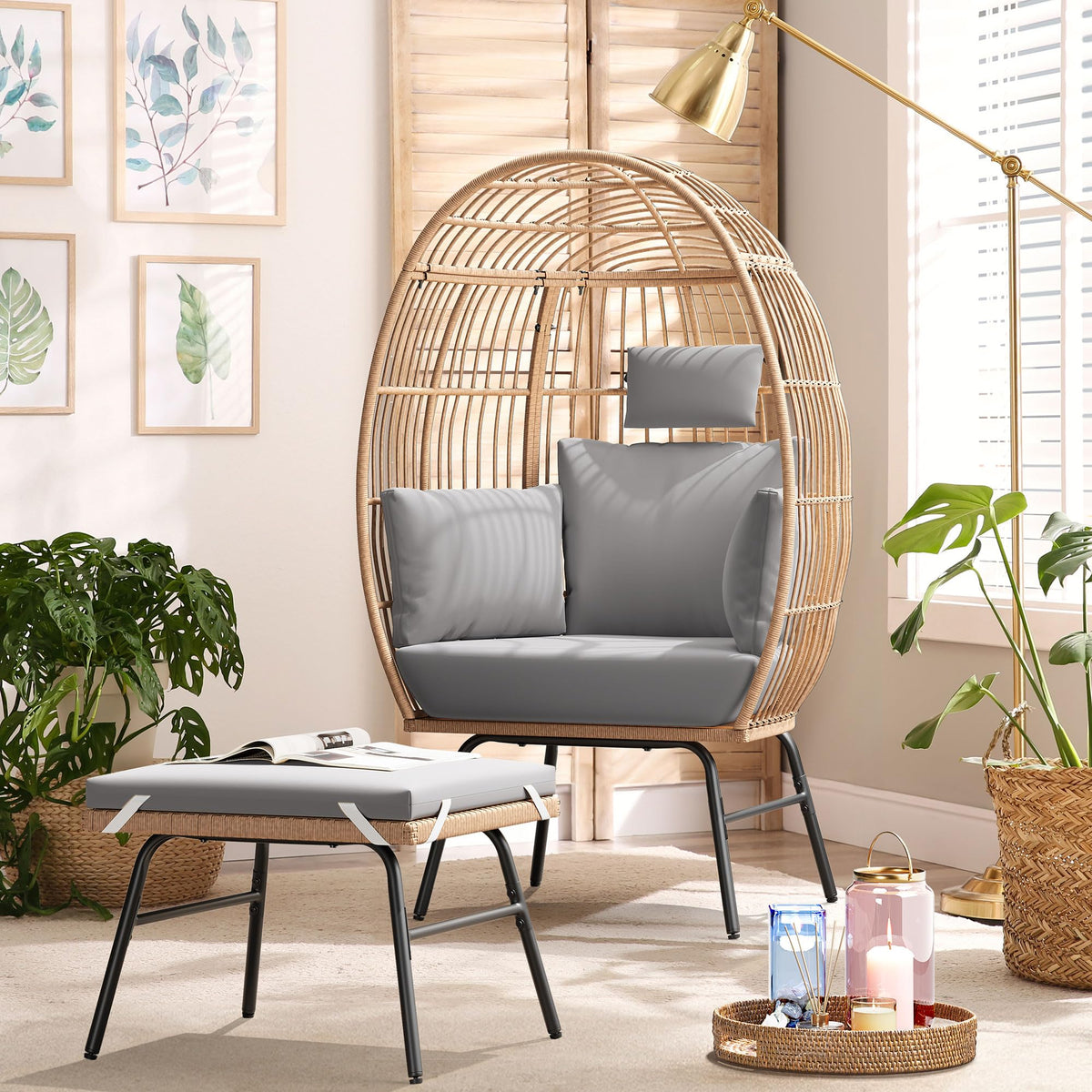 Outdoor Garden Wicker Egg Chair And Footstool Patio Chaise, With Cushions, Outdoor Indoor Basket Chair Yes Blue Neutral Seats 2 Garden & Outdoor European,Modern Steel