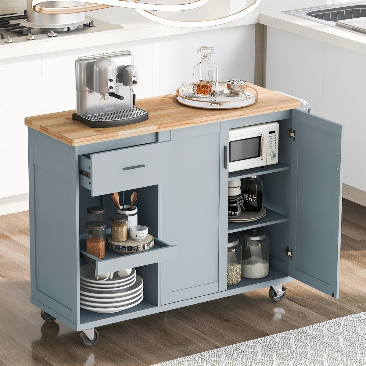 K&K Kitchen Island With Foldable Counter Top, Kitchen Storage Cart With Slide Out Shelf, Towel Rack And Drawer, Rolling Kitchen Cart On Wheels, For Kitchen, Living Room, Dining Room, Grey Blue Grey Blue Brown Kitchen Classic,Farmhouse,Luxury,Modern