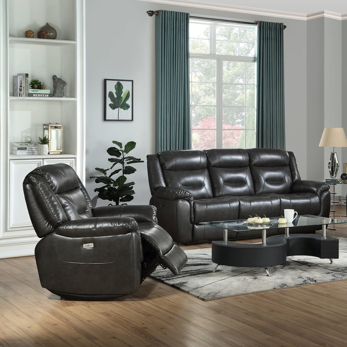 Grey Power Recliner With Usb Port Grey Faux Leather Manual Push Button Metal Primary Living Space Tight Back Push Button Pillow Top Arms Wood Fabric