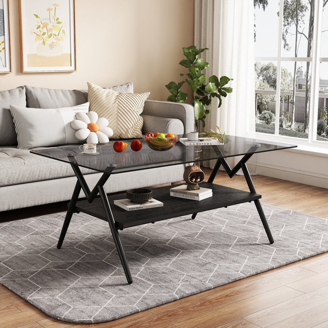 Rectangle Coffee Table With Tempered Glass Top And Black Mdf Shelf, Modern Table For Living Room, Gray Glass Gray Tempered Glass