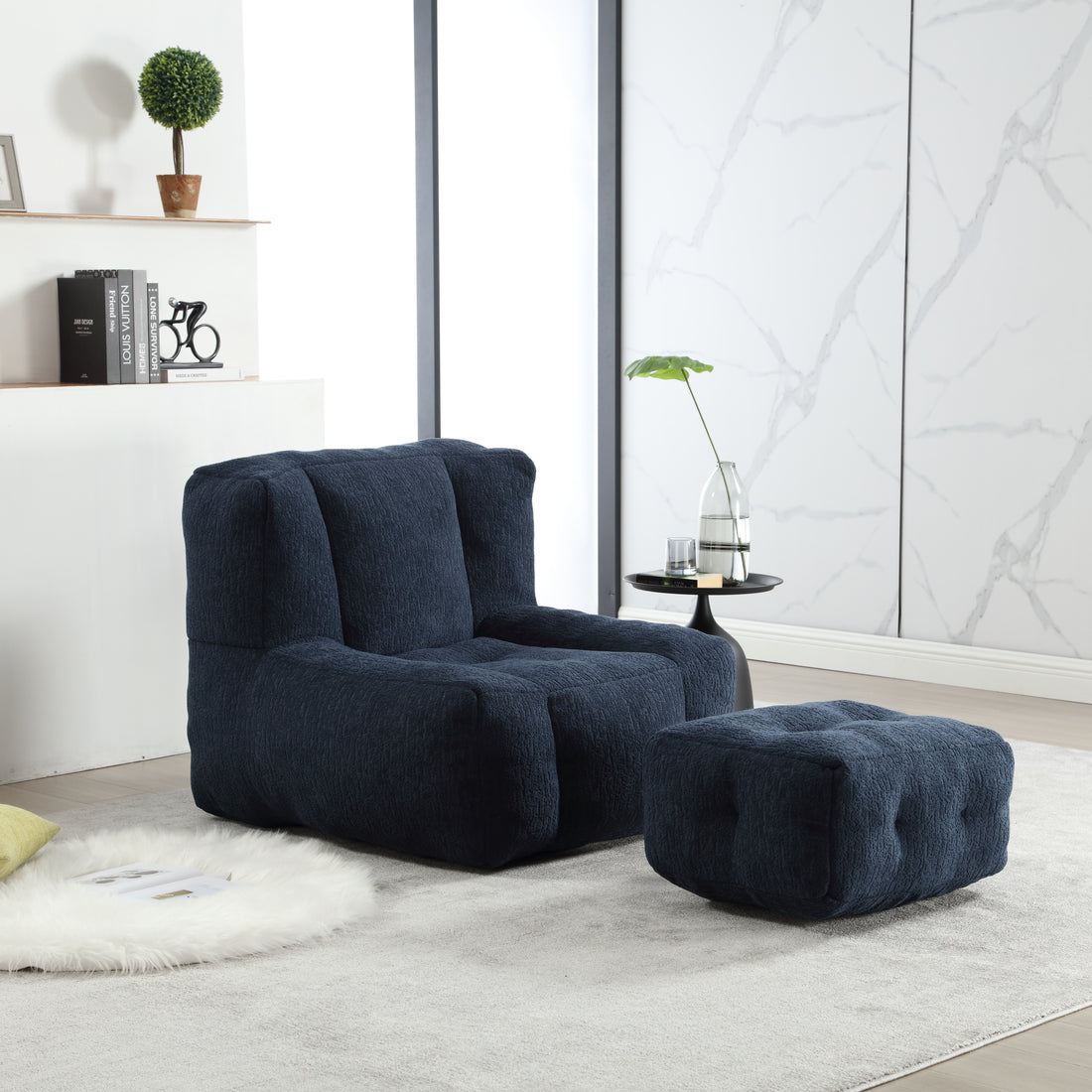 Fluffy Bean Bag Chair, Comfortable Bean Bag For Adults And Children, Super Soft Lazy Sofa Chair With Memory Foam And Ottoman, Indoor Modern Focus Bean Bag Chair For Living Room, Bedroom, Apartment Blue Velvet