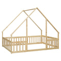 Full Wood House Shaped Floor Bed With Fence, Guardrails,Natural Full Natural American Design Pine