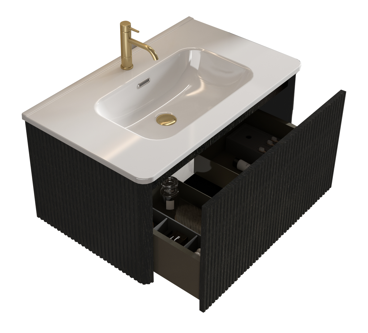 U057 Etna30W 308 Etna 30" Striped Brushed Black Oak Floating Bathroom Vanity With White Ceramic Sink, Bathroom Vanity For Modern Bathroom, One Piece White Basin Without Drain, Pre Assembled Black