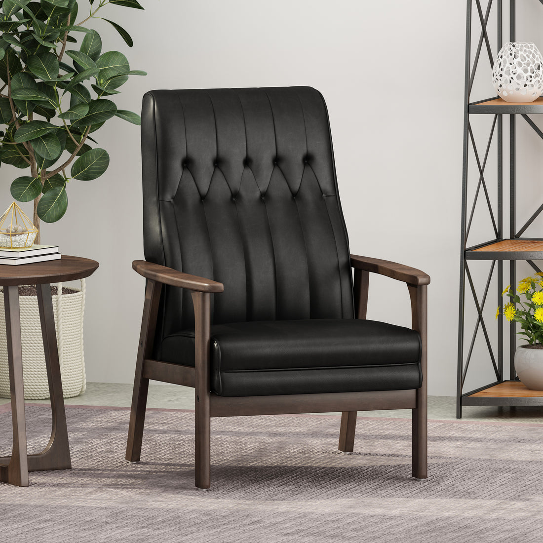 Mid Century Modern Upholstered Accent Chair, Matte Black Faux Leather Matte Black Espresso Primary Living Space Rubberwood Foam Faux Leather