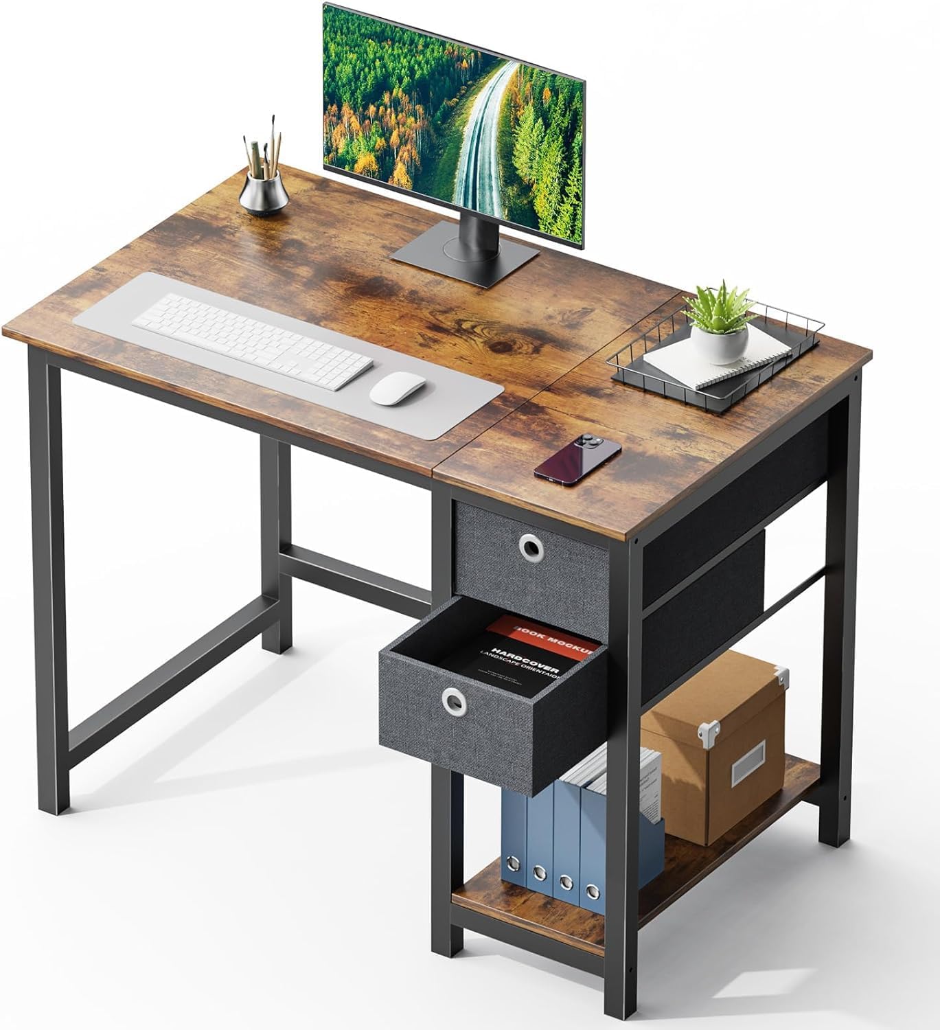 Computer Desk With Drawers 40 Inch Office Writing Work Kids Study 2 Tier Wood Corner Table With Storage Drawers Shelf For Bedroom Home Office Rustic Brown Rustic Brown Wood