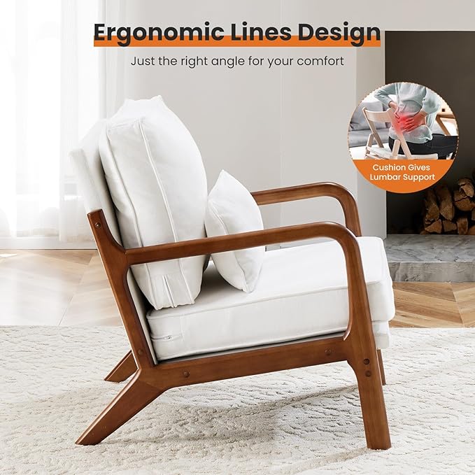 Accent Chair Mid Century Modern Chair With Pillow, Upholstered Lounge Arm Chairs, Linen Fabric Comfy Reading Chair With Wood Frame, Side Chair For Living Room, Beige Beige Linen