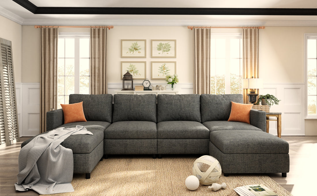Modern Large Sectional Sofa, U Shape Modular Sectional Couch With Storage Function,123" Sofa Bed With Ottoman,6 Seat Sectionals Chaise For Living Room,Chenille Grey Fabric 6 Seat