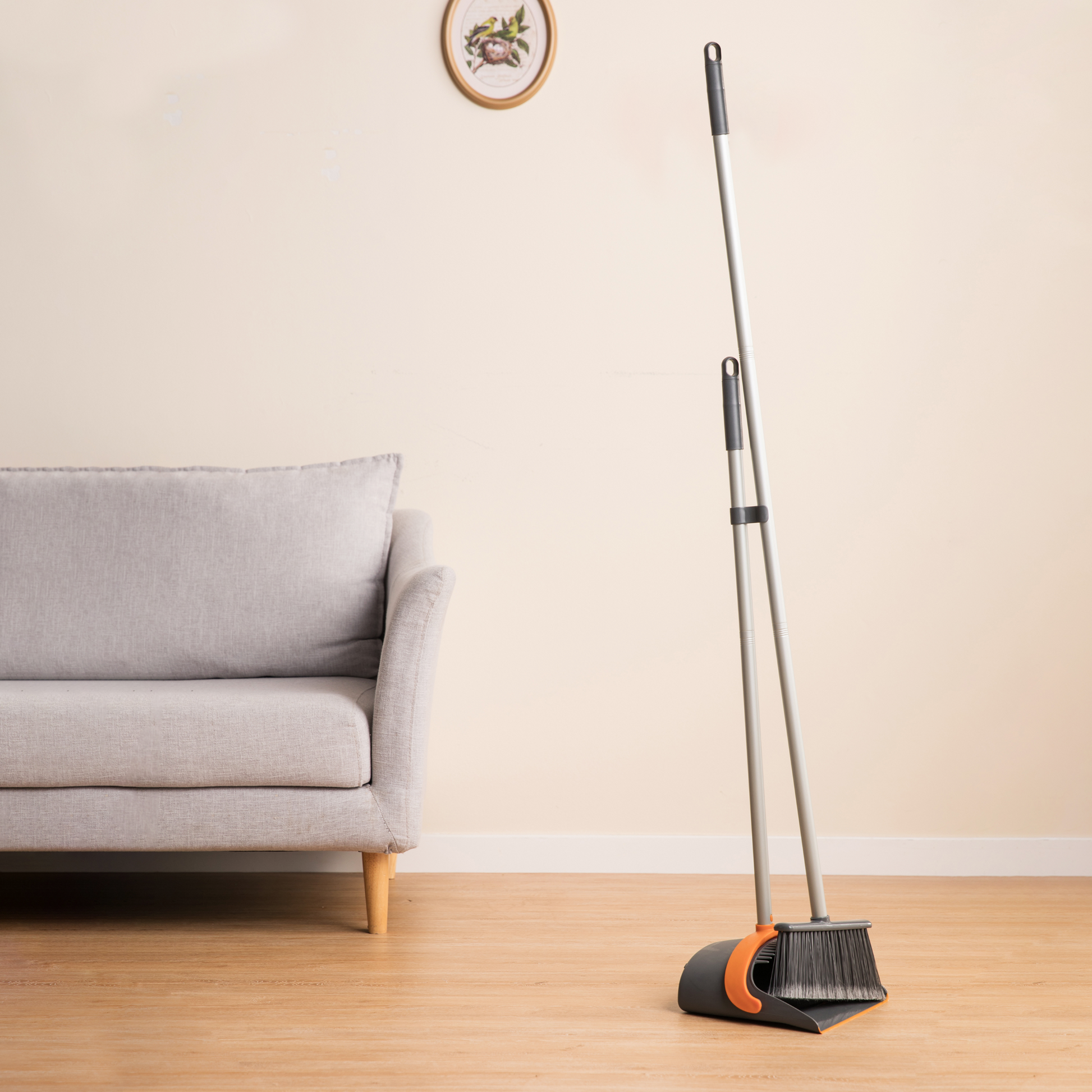 Efficient Home Cleaning Combo,Broom And Dustpan Set With 52 Inch Long Handle Sturdy, Easy Assembly Perfect For Floors, Kitchens, Bathrooms Orange Grey Orange Plastic