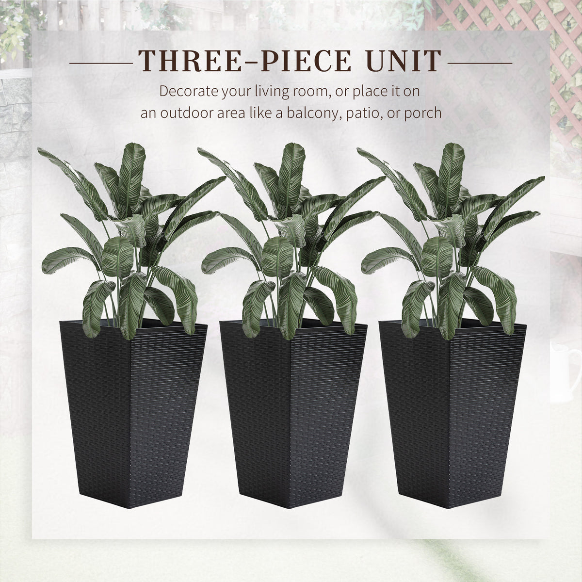 Outsunny Set Of 3 Tall Planters With Drainage Hole, Outdoor Flower Pots, Indoor Planters For Porch, Front Door, Entryway, Patio And Deck, Black Black Polypropylene