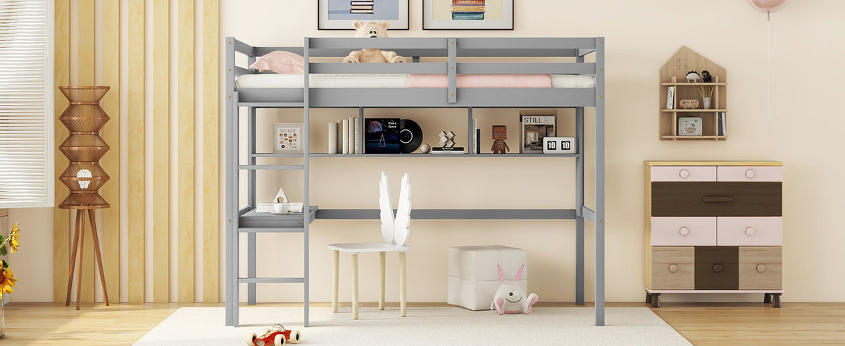 Twin Size Loft Bed With Desk And Shelves, Safety Guardrail And Ladder,Grey Twin Grey Pine