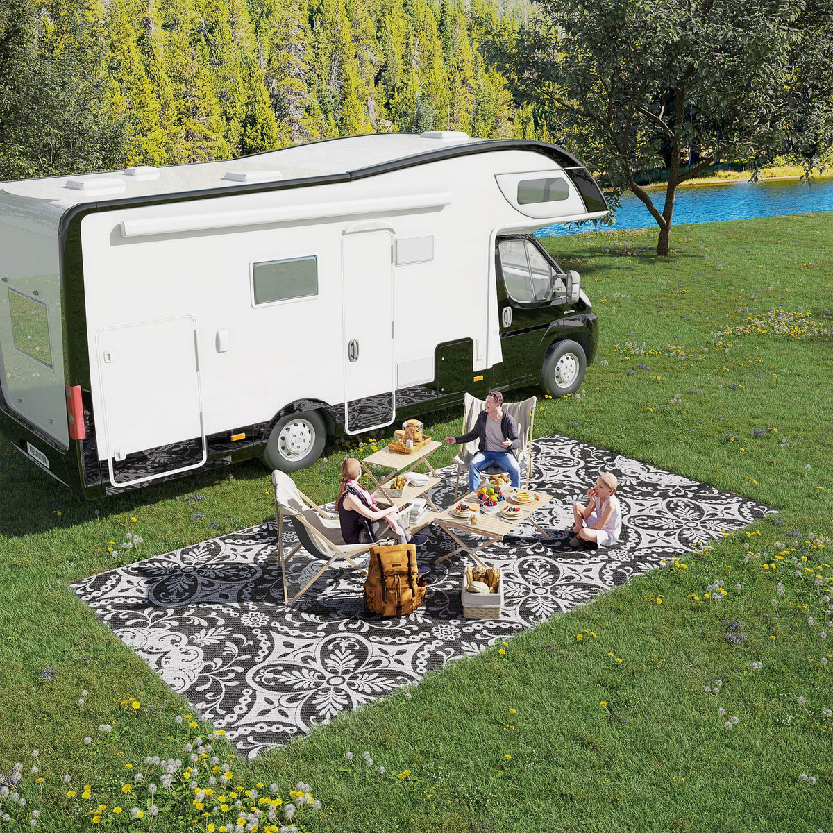 Outsunny Reversible Outdoor Rug, 9' X 18' Waterproof Plastic Straw Floor Mat, Portable Rv Camping Carpet With Carry Bag, Large Floor Mat For Backyard, Deck, Picnic, Beach, Gray & White Floral Multicolor Polypropylene