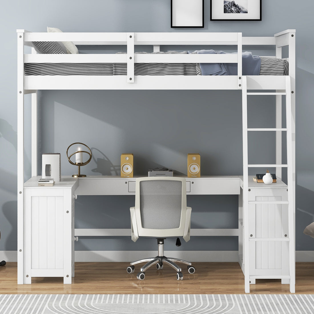 Twin Size Loft Bed With U Shaped Desk, Drawers And Storage Shelves, White Box Spring Not Required Twin White Wood Bedroom Solid Wood Mdf