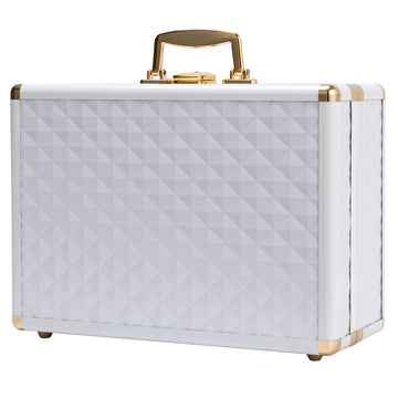 Portable Makeup Case With Led Mirror Travel Makeup Bag Cosmetic Organizer Box With Locks, Brush Holder, Dividers, Rechargeable, White White Aluminium Alloy