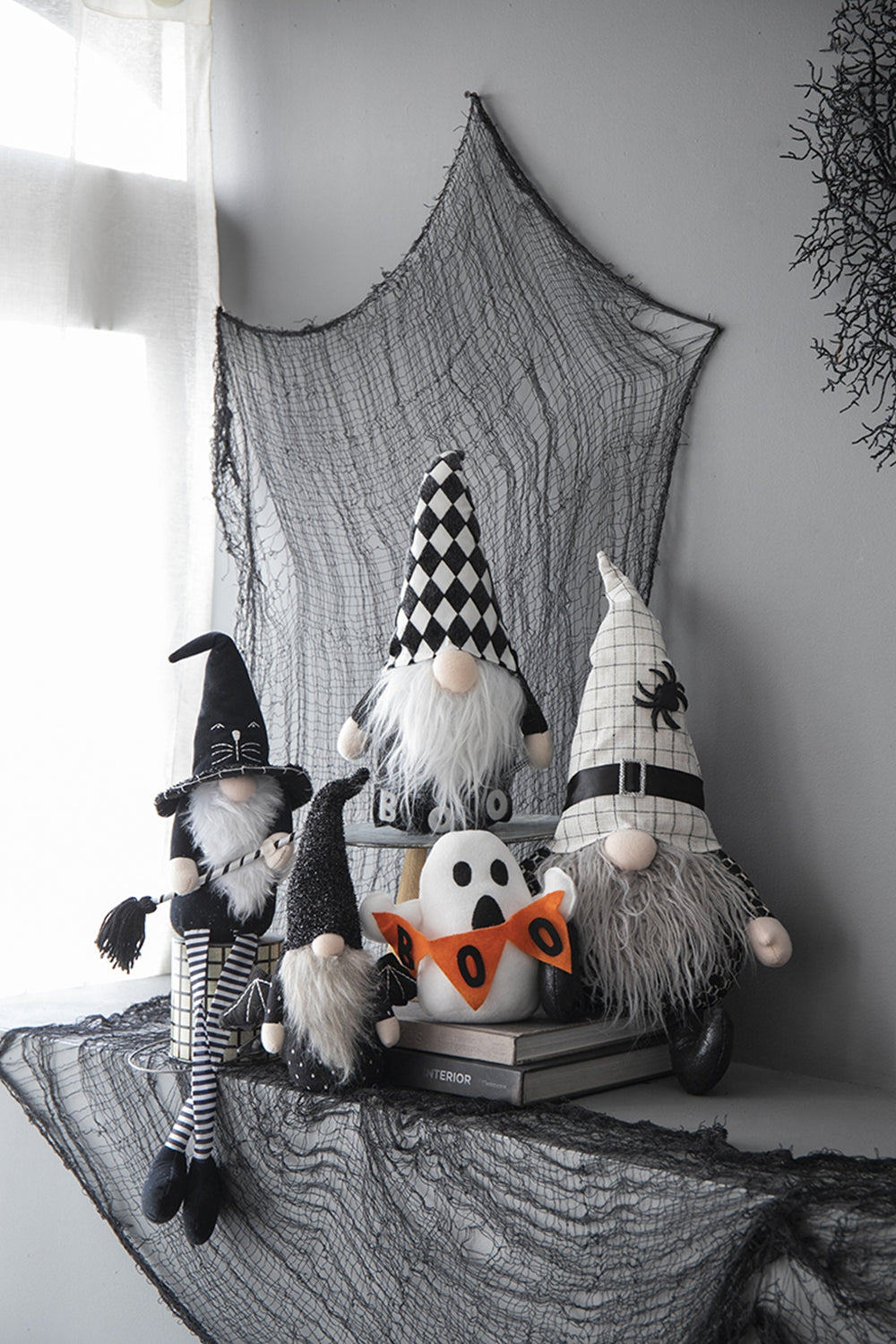 10X3X15.5" Fabric Black Gnome With Wings Decor, For Halloween Decor Black White Polyester