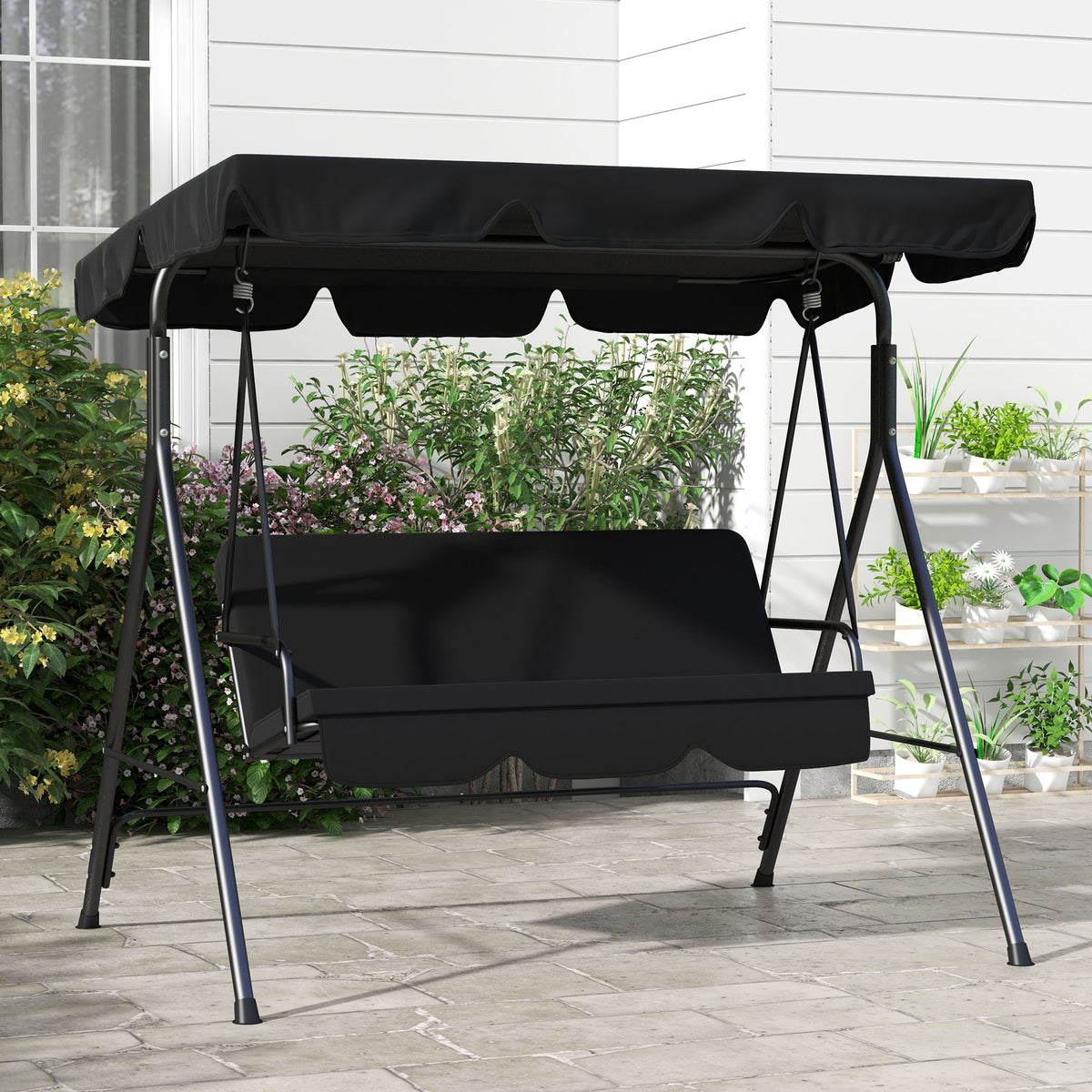 Outsunny 3 Seat Outdoor Patio Swing Chair With Removable Cushion, Steel Frame Stand And Adjustable Tilt Canopy For Patio, Garden, Poolside, Balcony, Backyard, Black 2 Black Steel