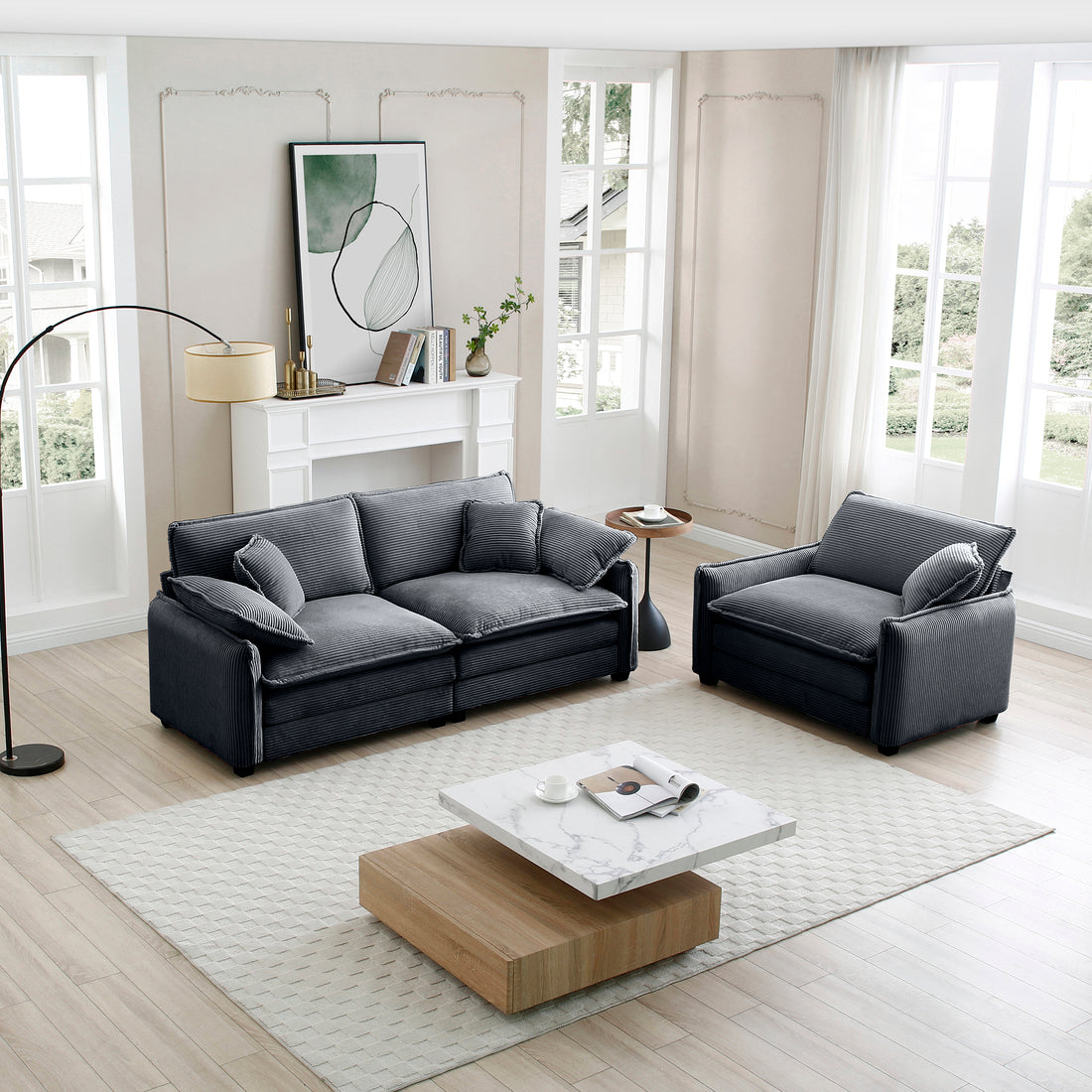 Modern Living Room Sofa Two Pieces Set, Suitable For Living Room And Small Apartment2 Pieces Sofa Set Consists Of A Single Seat Sofa And A 2 Seater Sofas,Grey Corduroy Grey Corduroy 3 Seat