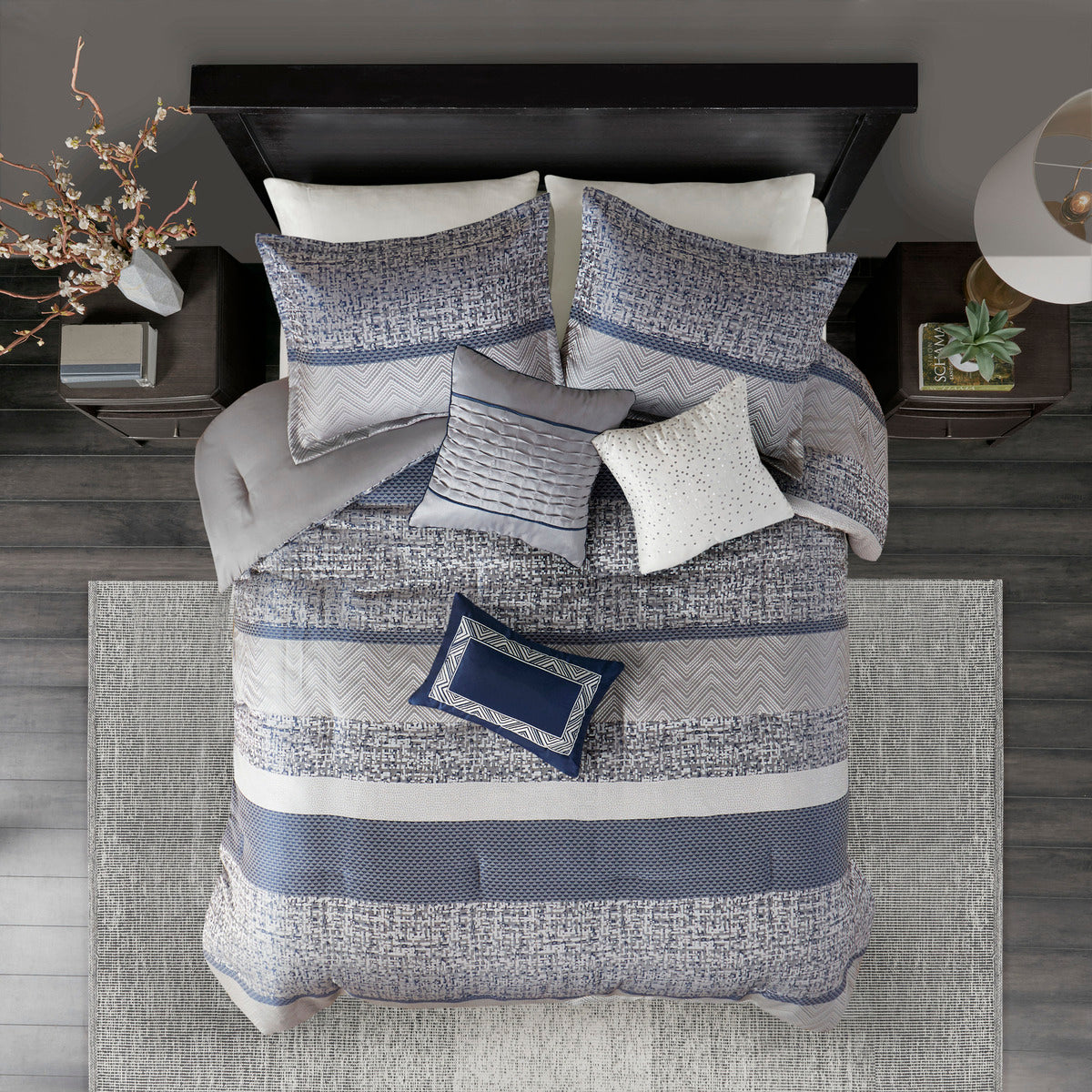 7 Piece Jacquard Comforter Set Navy King King Navy Polyester