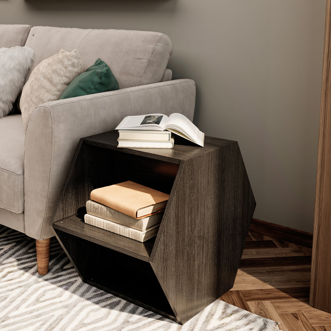23.62'' Hexagonal Coffee Table Side Table Nightstand Burmese Sumac Black Brown Mdf