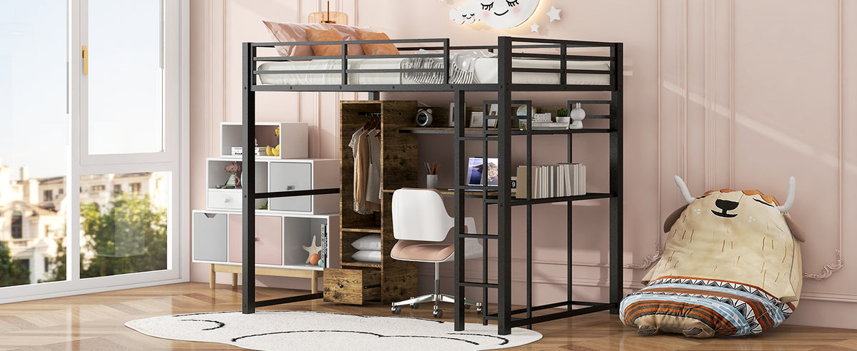 Full Size Metal Loft Bed With Built In Wardrobe, Drawer, Desk And Shelves, Black Expected Arrival Time: 9.7 Box Spring Not Required Full Black Metal Wood Metal