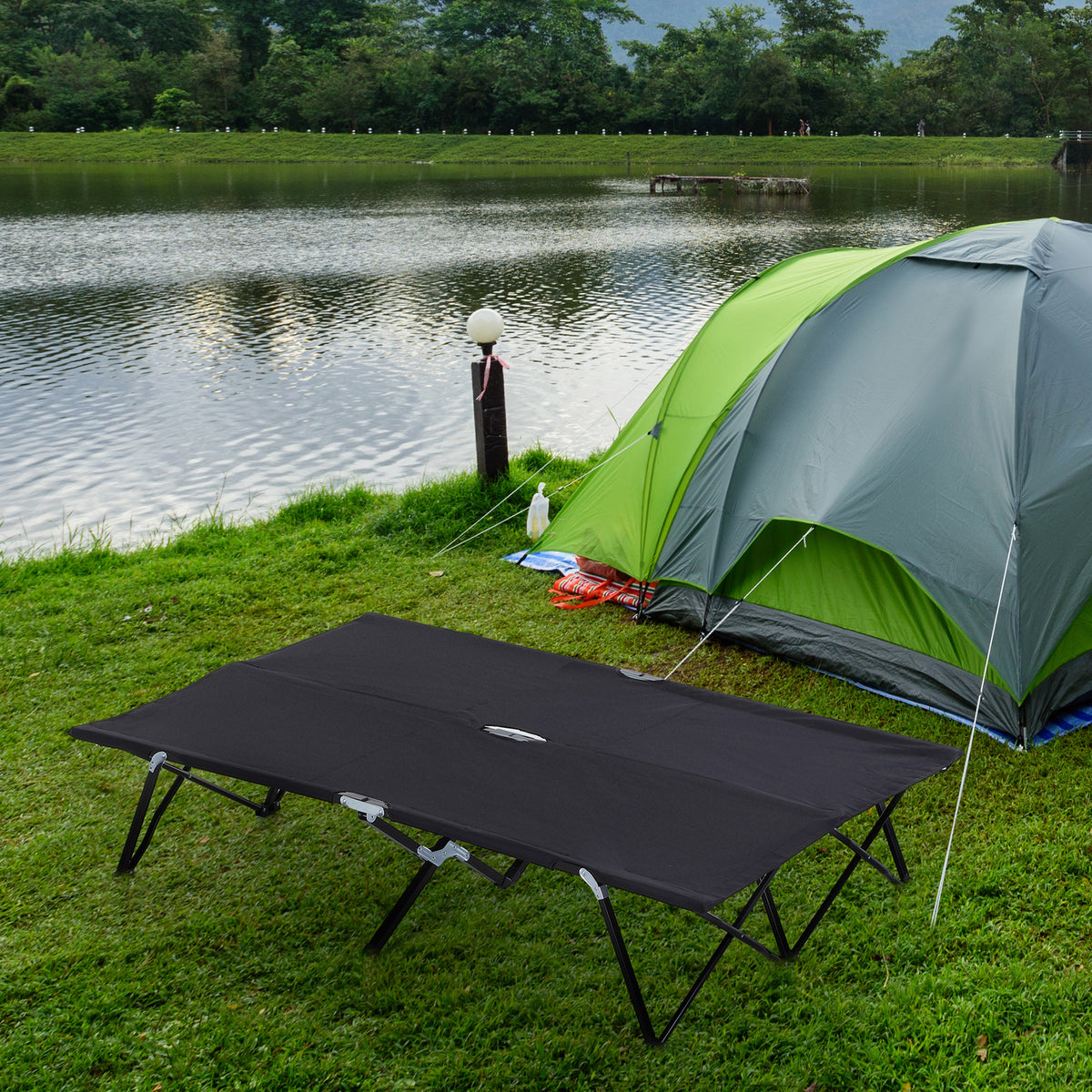 Outsunny 2 Person Folding Camping Cot For Adults, 50" Extra Wide Outdoor Portable Sleeping Cot With Carry Bag, Elevated Camping Bed, Beach Hiking, Black Black Steel