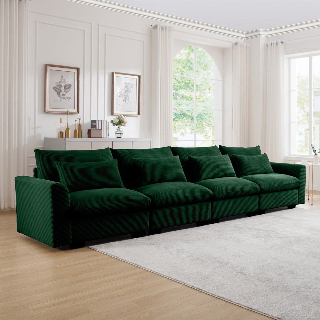 4 Seater Deep Seat Couches For Living Room, Comfy Green Corduroy Sofas For Living Room Modern With 4 Waist Pillows Green Corduroy 4 Seat