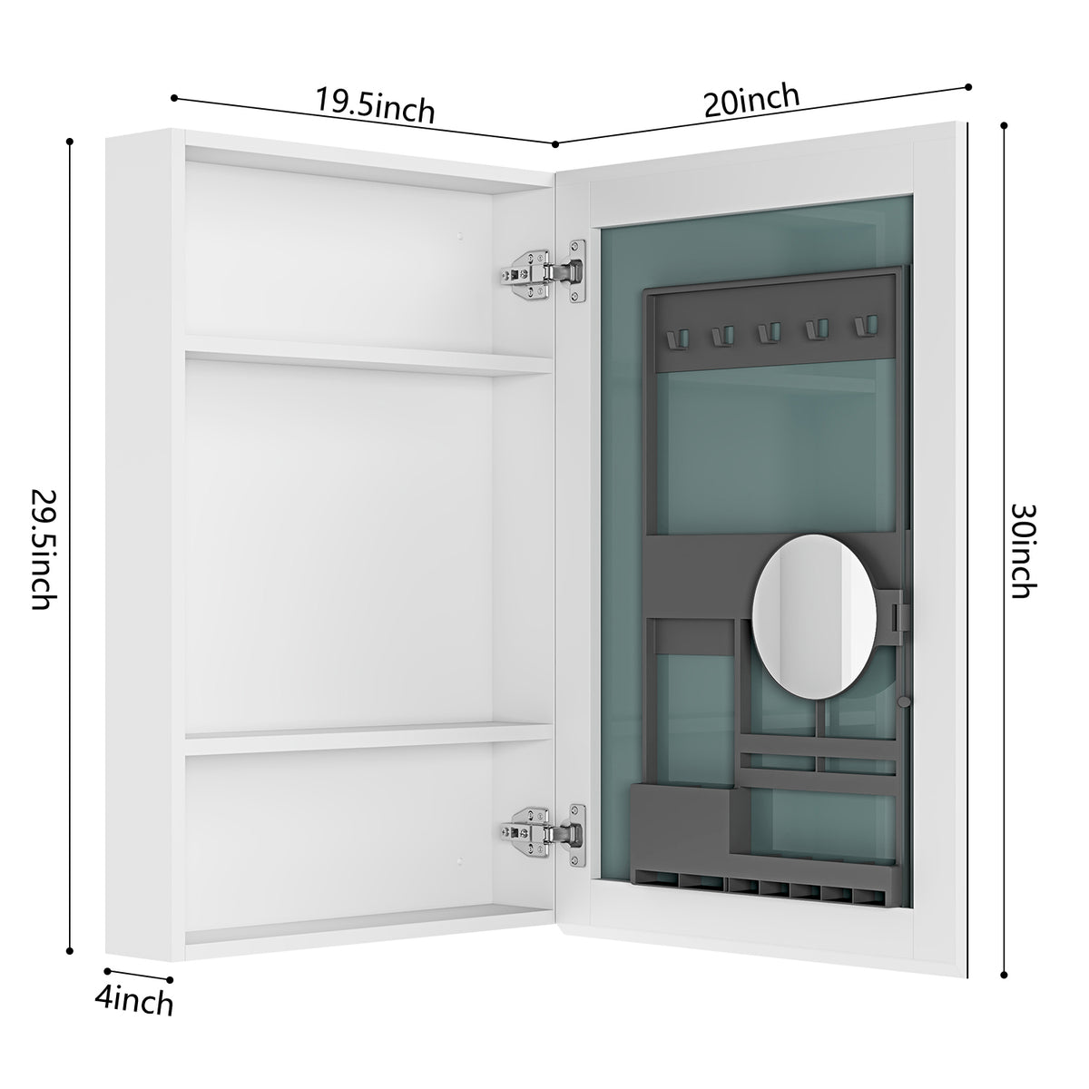 20'' W X 30'' H Bathroom Mirror Medicine Cabinet Wooden Door Medicine Cabinets For Bathroom, Wall Mounted Recessed Or Surface, Bathroom Mirror With Storage, Right Opening Door White Engineered Wood