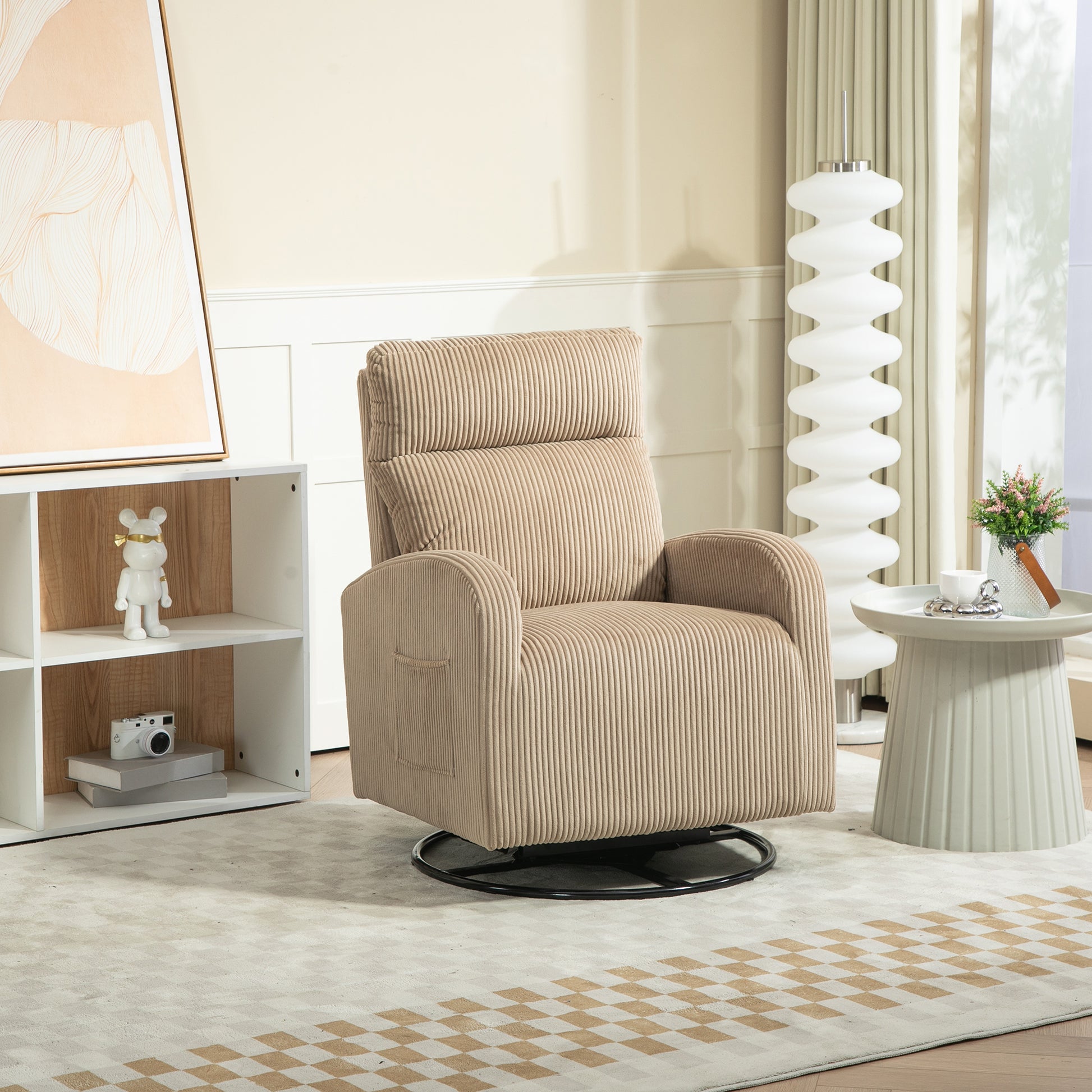 Jiada Upholstered Swivel Glider.Flannel Fabric.Rocking Chair For Nursery In Light Brown.Modern Style One Left Bag Light Brown Primary Living Space Foam Fabric Metal