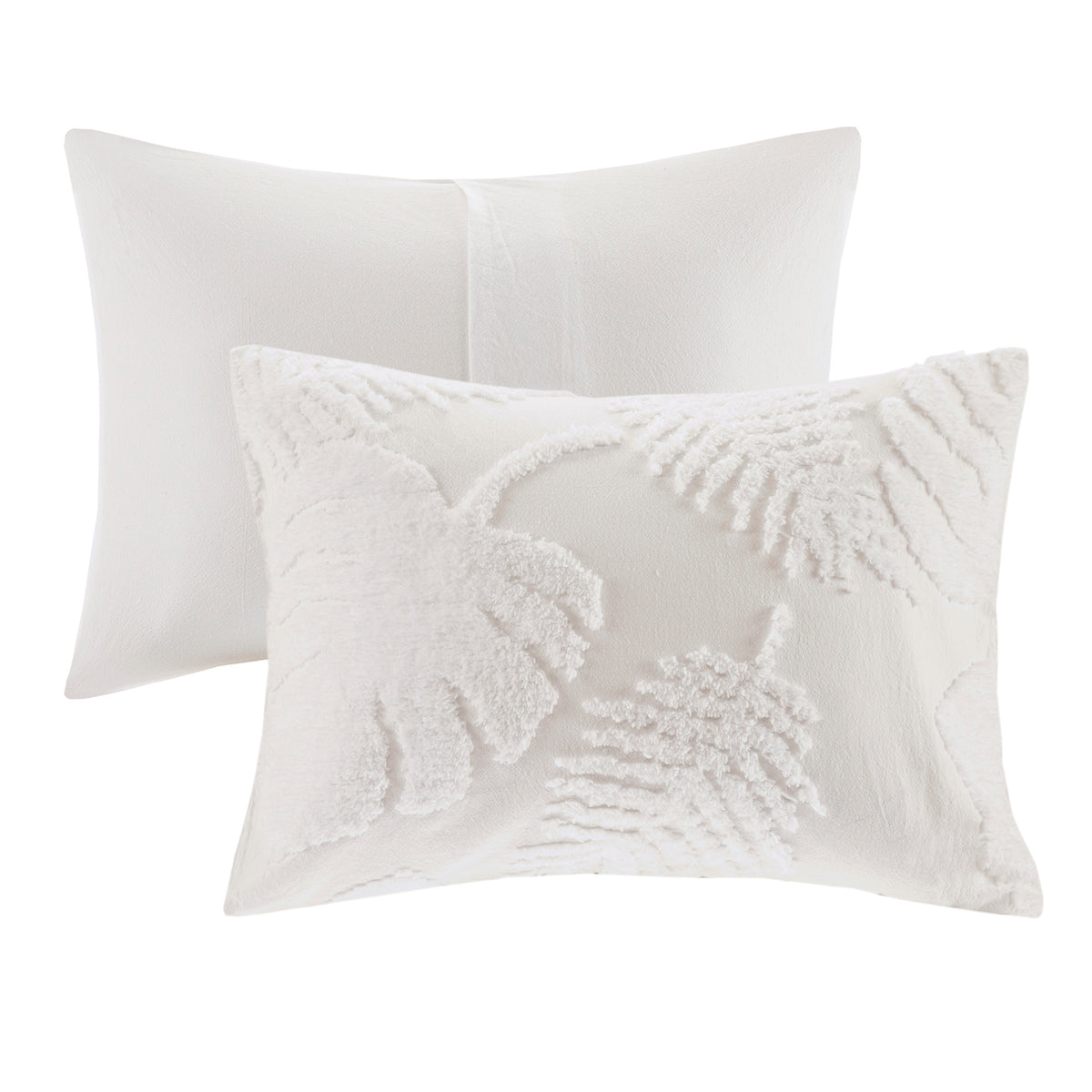 3 Piece Tufted Cotton Chenille Palm Duvet Cover Set Queen White Cotton