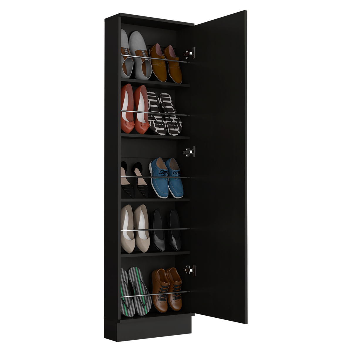 Ruan Xl Shoe Rack, Mirror, Five Interior Shelves, Single Door Cabinet Black Mdf Engineered Wood