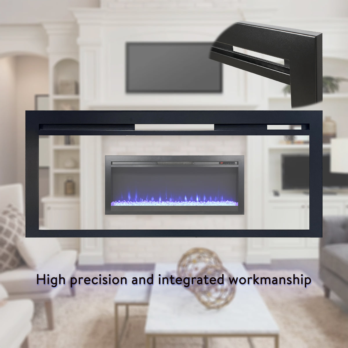 44 Inch In Wall Recessed Electric Fireplace With Remote And Multi Color Flame & Emberbed, Led Light Heater Powder Coated Electric Antique Black Vent Free Yes Insert Tempered Glass Sheet Metal