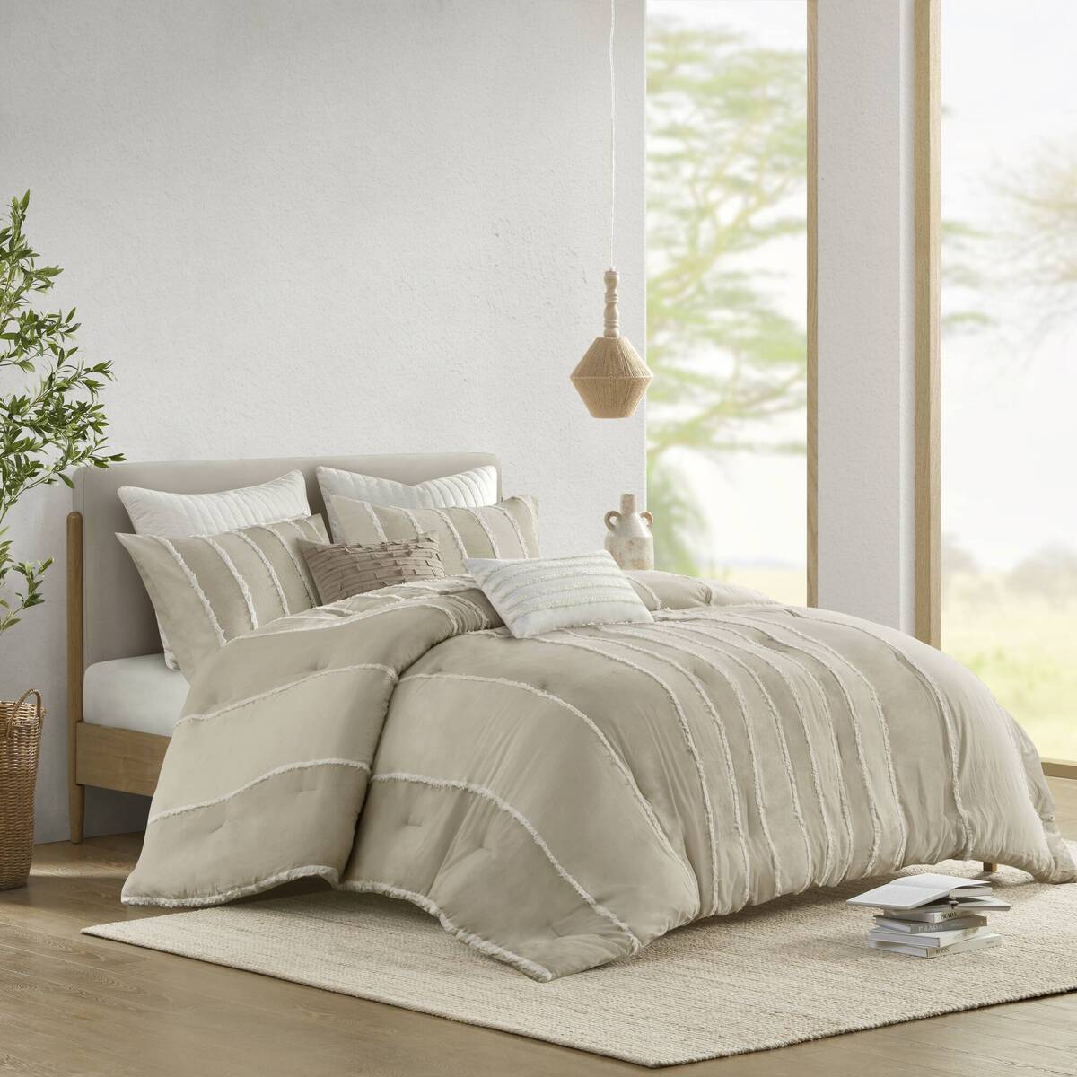3 Piece Striped Cotton Comforter Set Taupe King Cal King Taupe Cotton