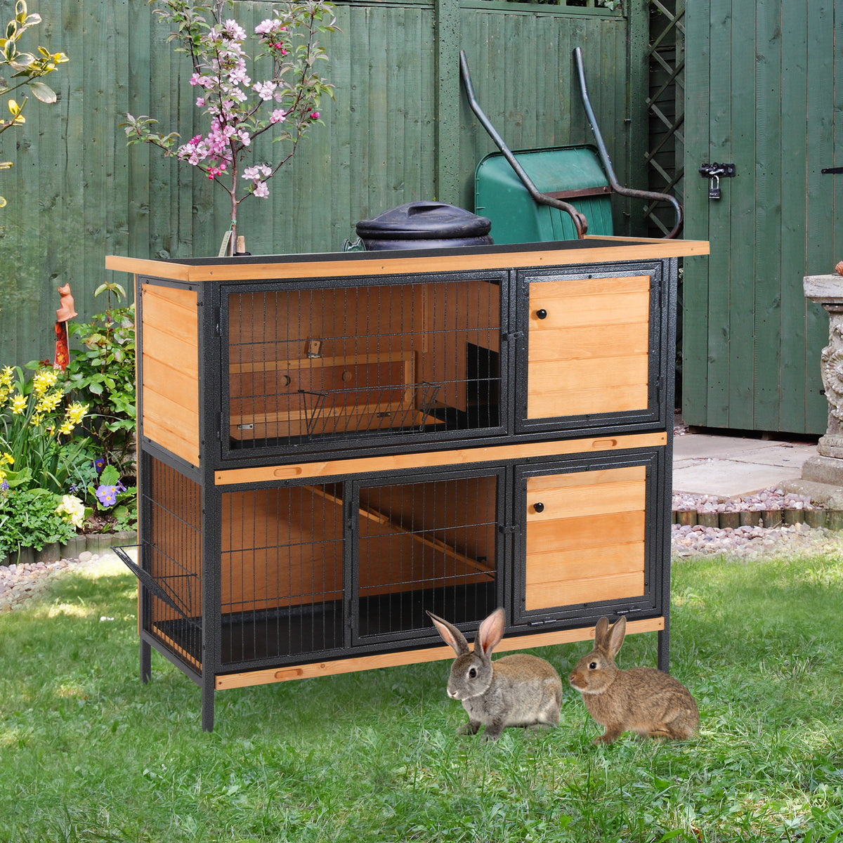 Pawhut 48" 2 Story Large Rabbit Hutch Bunny Cage Wooden Pet House Metal Frame With Individual Room, Ramp, No Leak Tray, Feeding Trough, Waterproof Asphalt Roof For Outdoor Indoor Light Yellow Wood