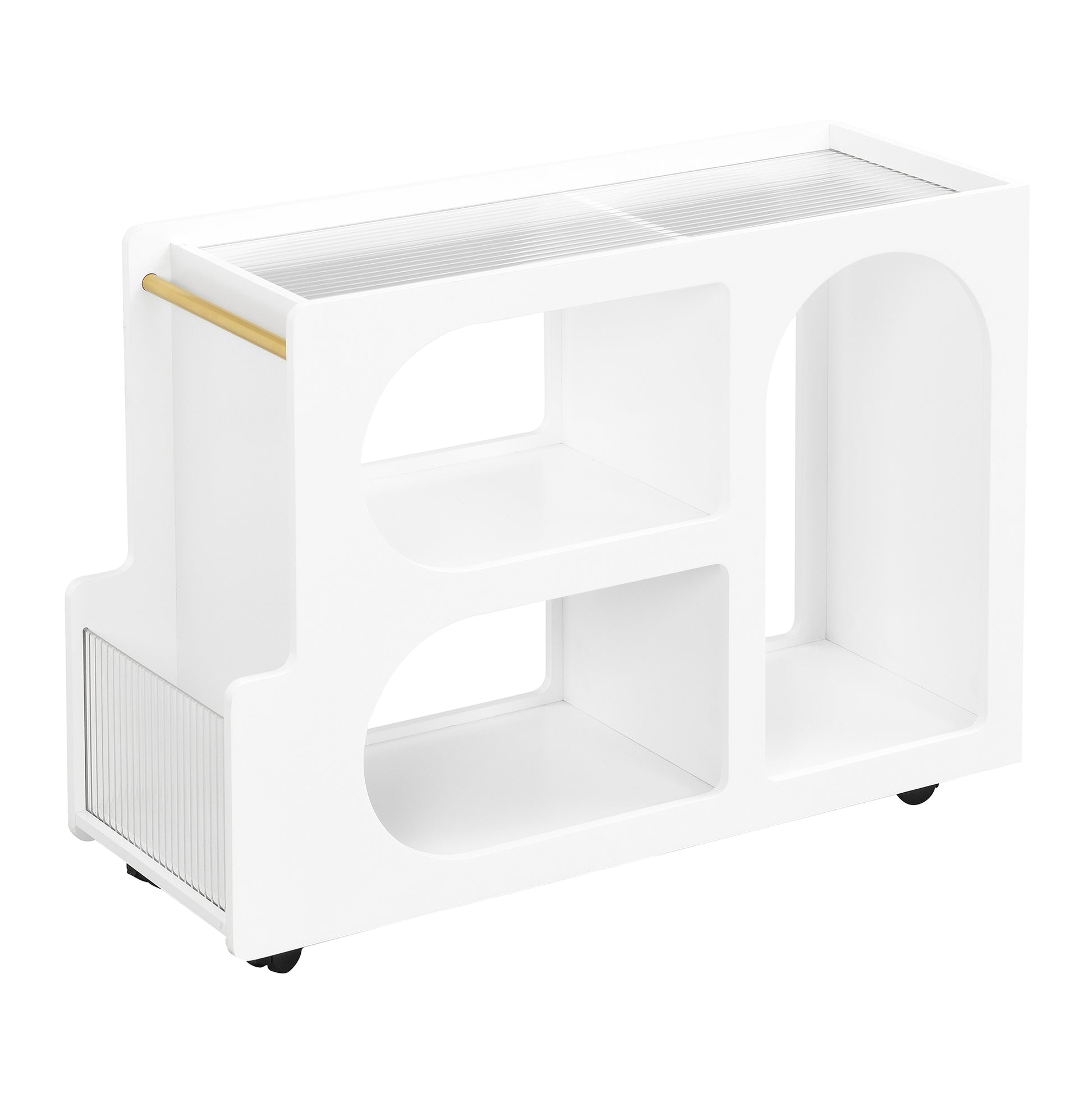 Mobile End Table With Lockable Wheels, Narrow Coffee Table With 5Mm Thick Fluted Tempered Glass, Modern Nightstand With Golden Round Rod, Living Room, White, 31.5''W X11.8''D X 23.1''H White Primary Living Space Mdf