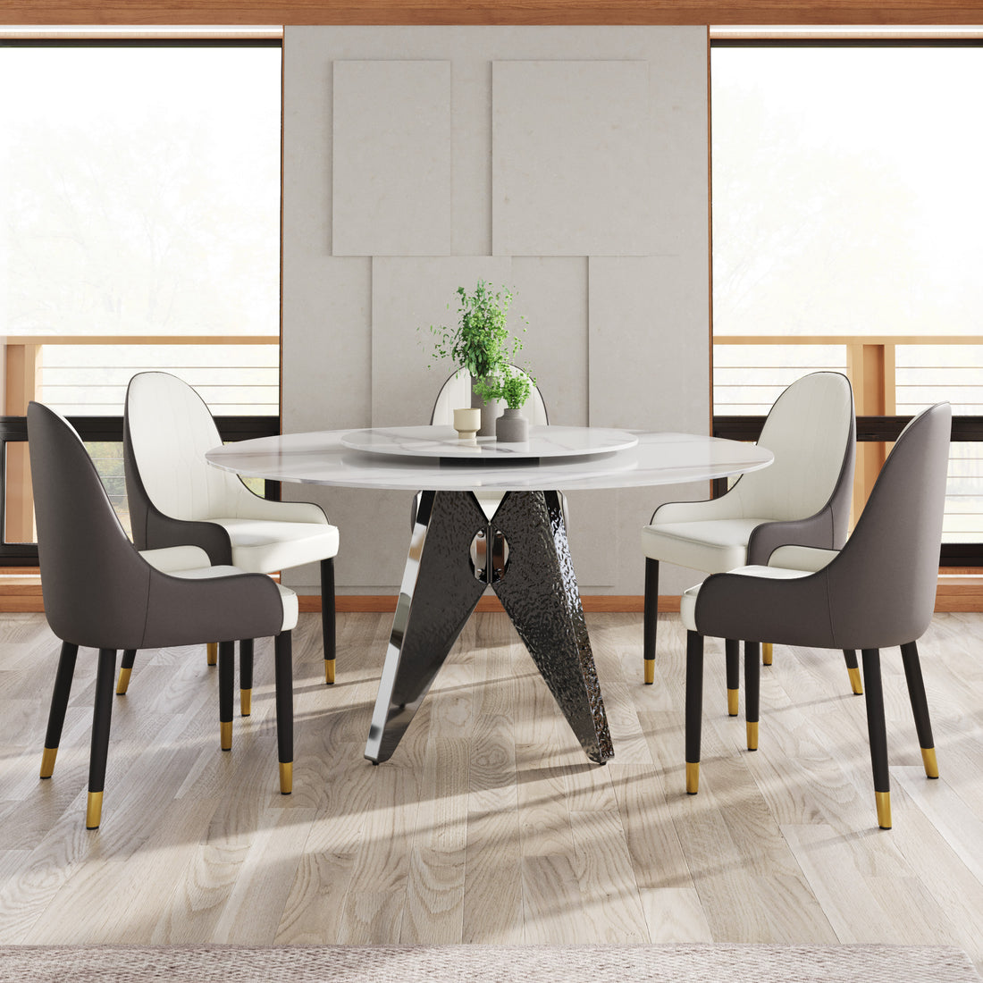 59.05" Round Marble Dining Table With Silver Stainless Steel Design Base, Artificial Marble For 6 8 People, 31.5"White Artificial Stone Turntable,White Dining Table Only Silver,White Dining Room
