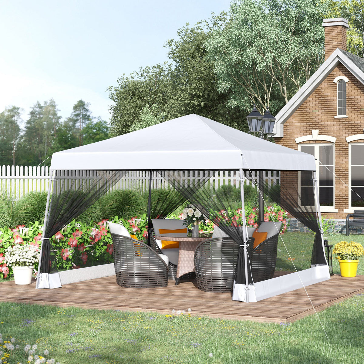 Outsunny Slant Leg Pop Up Canopy Tent With Netting And Carry Bag, Instant Sun Shelter, Tents For Parties, Height Adjustable, For Outdoor, Garden, Patio, 11.5'X11.5' Base 10'X10' Top , White White Steel