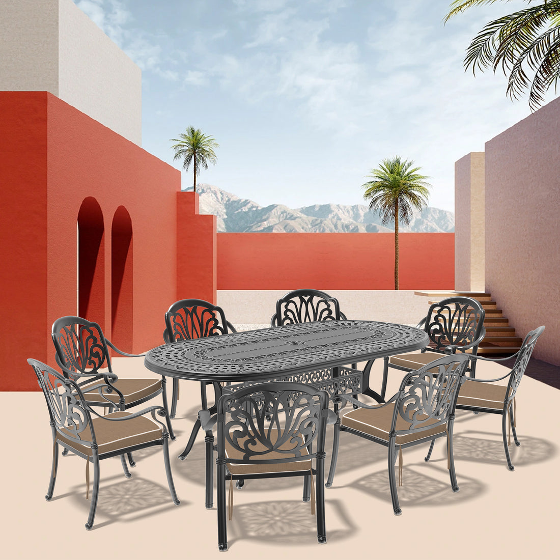 Cushions In Random Colors 9 Piece Set Of Cast Aluminum Patio Furniture With Cushions Yes Dining Set Black Seats 8 Rust Resistant Frame Water Resistant Cushion Garden & Outdoor Complete Patio Sets Aluminium