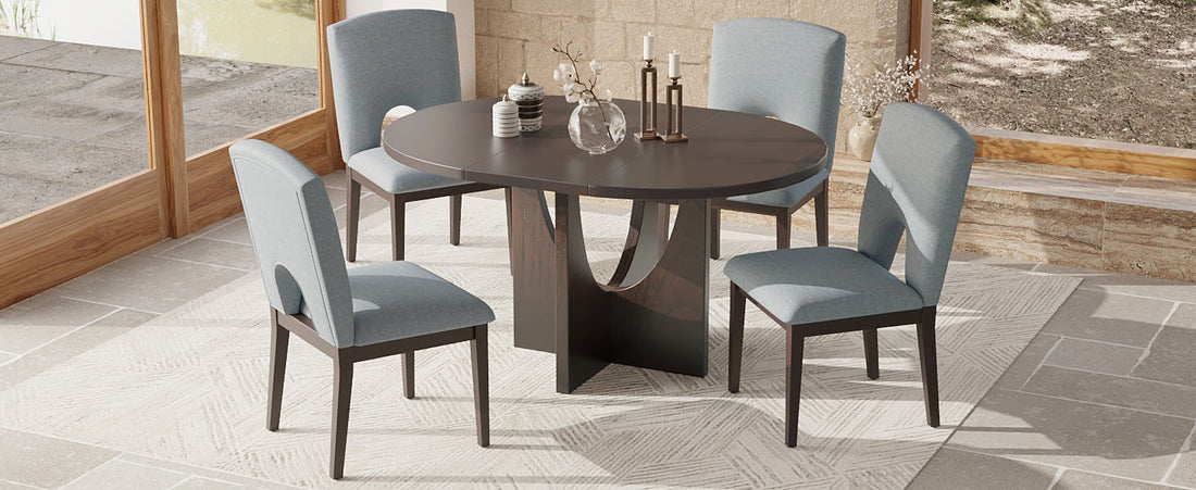 Modern 5 Piece Extendable Round Dining Table Set With 16.2Inch Removable Leaf For Small Places, Espresso Gray Wood Dining Room Solid Wood Rubberwood Round Dining Table With Chair Upholstered Chair Wood Espresso Seats 4 Removable Leaf Contemporary Round