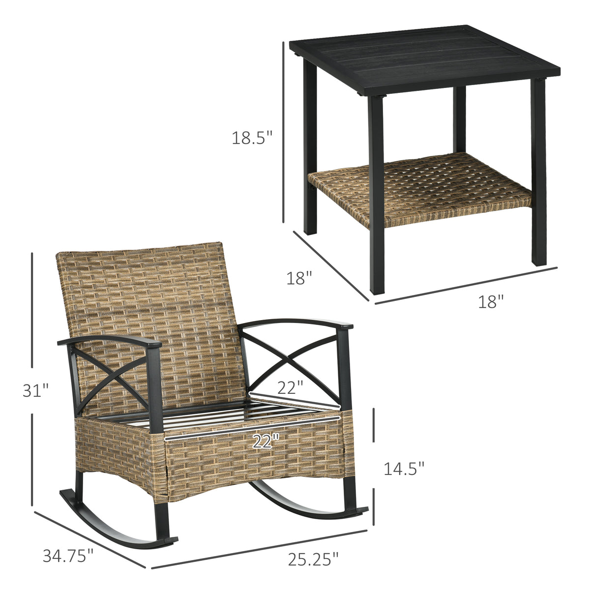 Outsunny 3 Piece Patio Rocking Chair Set, Outdoor Wicker Bistro Set With 2 Cushioned Porch Rockers And 2 Tier Coffee Table For Garden, Porch, Backyard, Light Gray Gray Steel