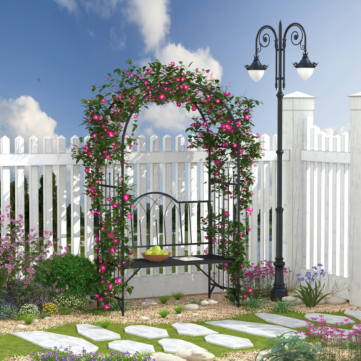Outsunny Metal Trellis Arbor Arch For Climbing Plants With Garden Bench, Grow Grapes & Vines, Patio Decor & 2 Person Outdoor Interlacing Decorative Seating With Tips, 484 Lbs. Weight Capacity, Black Black Metal