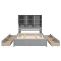 Queen Size Platform Bed With Storage Headboard And 4 Drawers, Gray Box Spring Not Required Queen Gray Wood Bedroom Bed Frame Solid Wood Mdf
