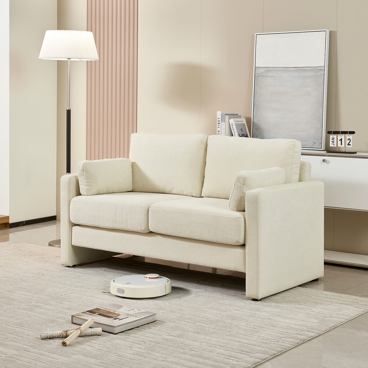 58.66" Small Modern Loveseat Sofa, Mid Century Chenille Fabric 2 Seat Couch Beautiful Seat With Back Cushions, Accent Sofa Couch For Living Beige Wood Foam Chenille 2 Seat