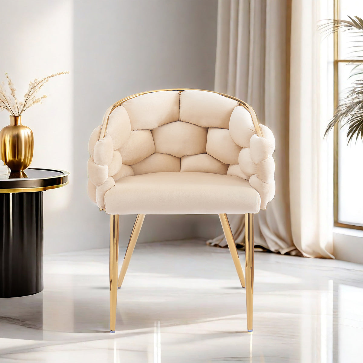 Set Of 2 Luxury Handmade Accent Chair With Gold Legs, Modern Velvet Armchair For Living Room And Bedroom Beige Foam Velvet