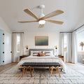 52 Inch Ceiling Fan With Dimmable Led Light 5 Solid Wood Blades Smart Remote Control Reversible Dc Motor Ceiling Fan White Metal & Wood